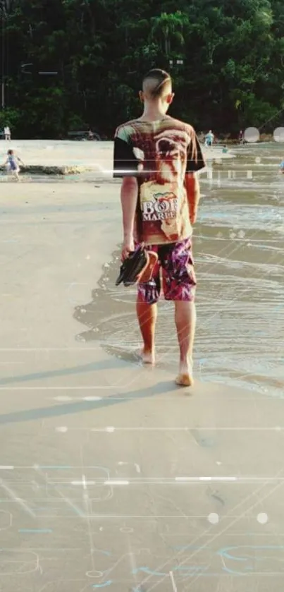 Person walking on a beach with a tech overlay.