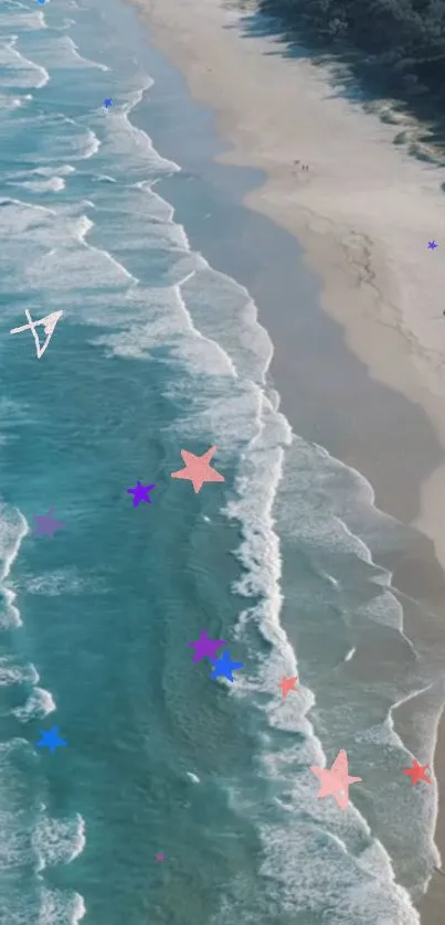 Aerial view of beach with turquoise waves and star overlays.