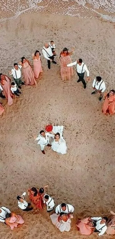 Aerial view of a beach wedding with guests forming a circle around the couple.