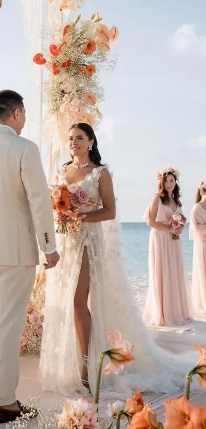 Beach wedding ceremony with a bride and groom under floral arch.