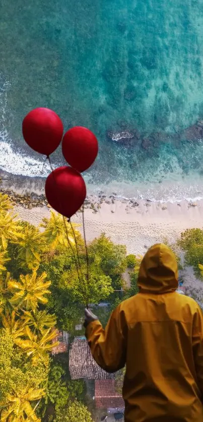 Aerial view of a beach with figure holding red balloons.