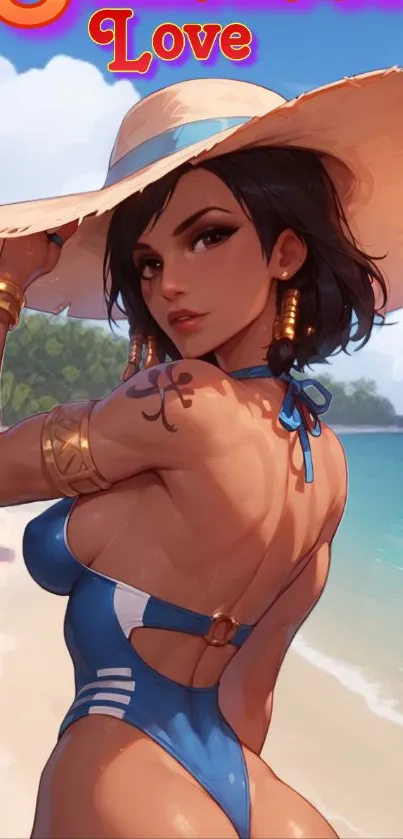 Anime character at tropical beach in hat, vibrant summer art.