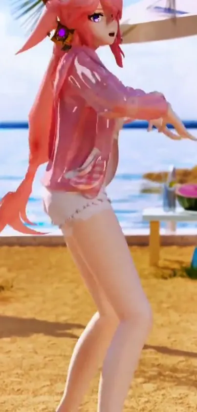 Anime character dancing on beach by the ocean, vibrant pink hair.