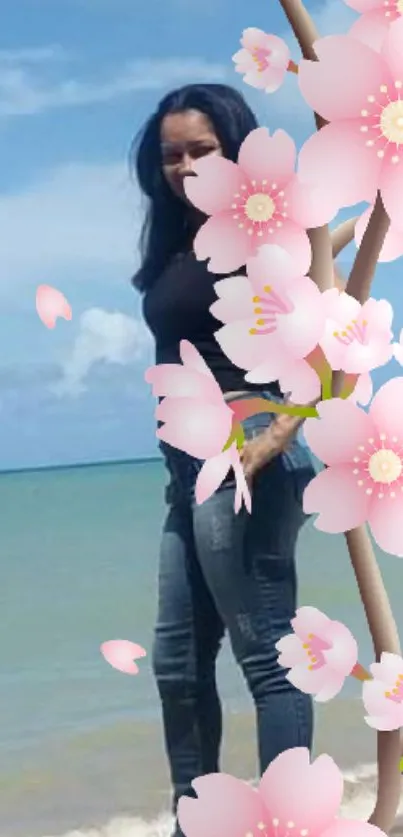 Cherry blossoms overlaying a beach scene with blue skies and ocean waves.