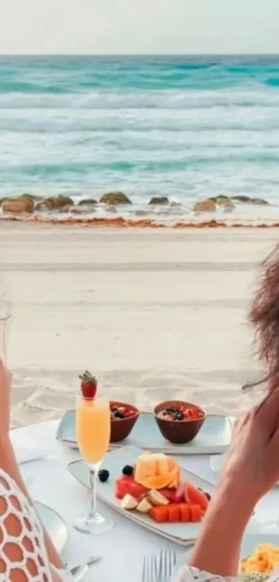 Beachside breakfast scene with ocean view and tropical fruits.