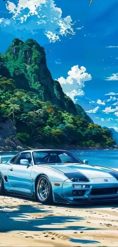 Sports car on a scenic tropical beach.