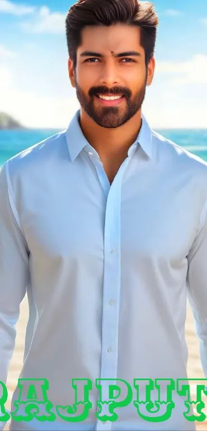 Man in white shirt by a serene beach backdrop.