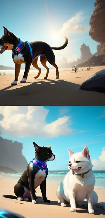 Dogs and cats enjoy a sunny beach scene.