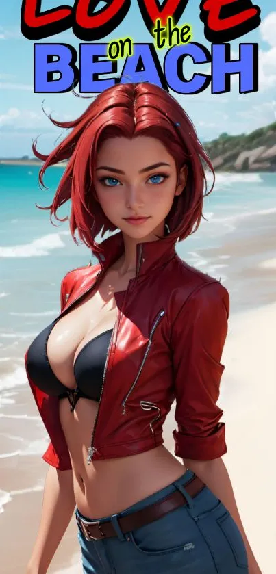 Anime character in red jacket on beach with ocean view.