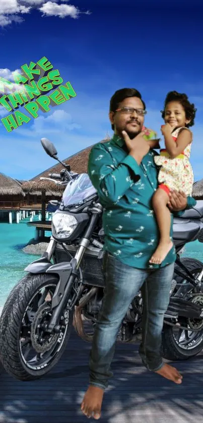 Family beach adventure with motorcycle and tropical scenery.