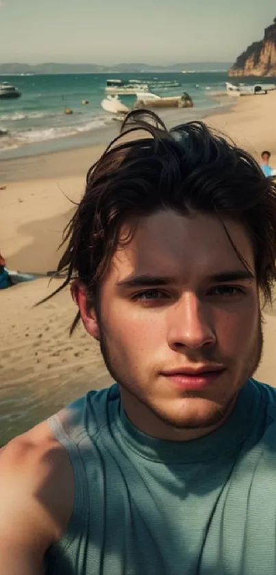 Beachside selfie with ocean view and scenic backdrop, capturing summer vibes.