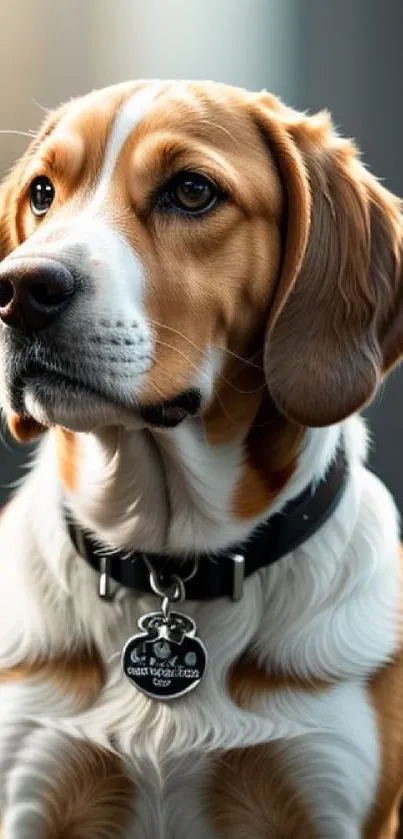 A cute, alert beagle dog with a shiny coat, wearing a metal collar.