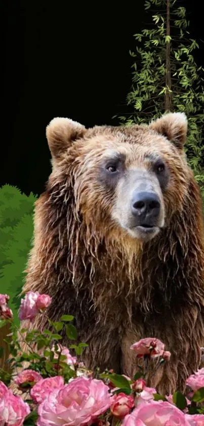 Majestic bear surrounded by pink roses and lush green foliage.