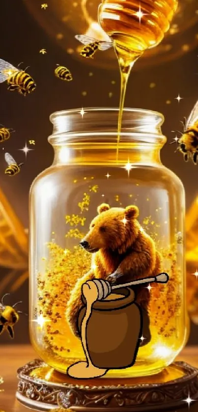 Bear sitting in honey jar surrounded by bees.