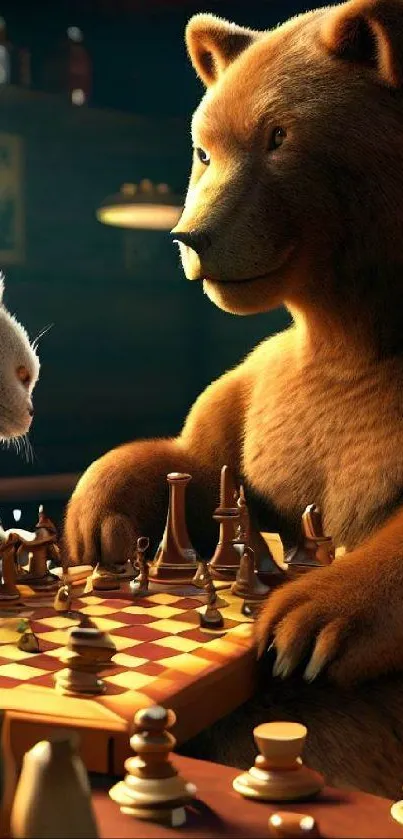 Bear and cat playing chess in cozy setting.