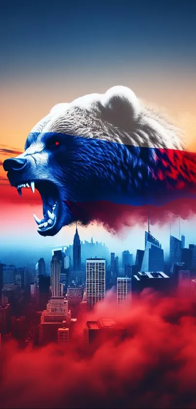 Roaring bear above city skyline in vibrant colors.