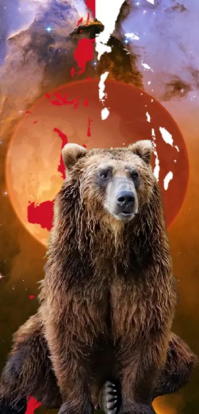 Bear in cosmic scene wallpaper with red and brown hues.