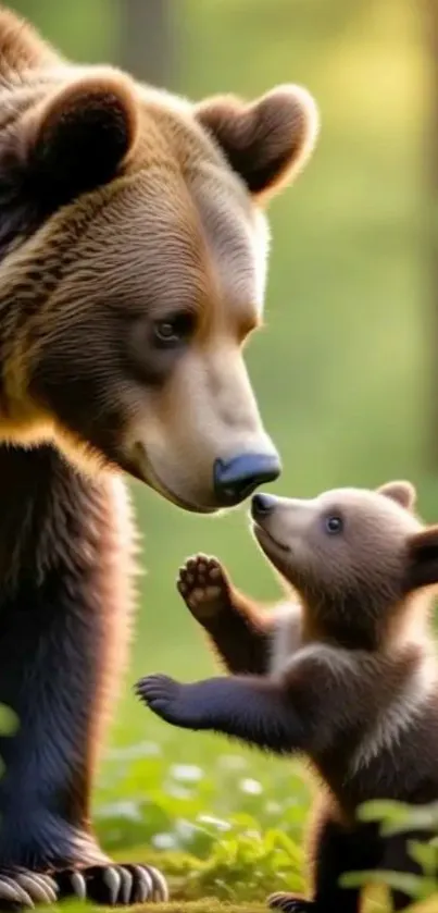A bear and its cub lovingly interact in a lush green forest.