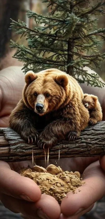 Brown bear and cub on log with forest backdrop.