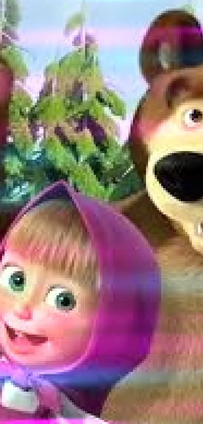Animated bear and girl with greenery background.