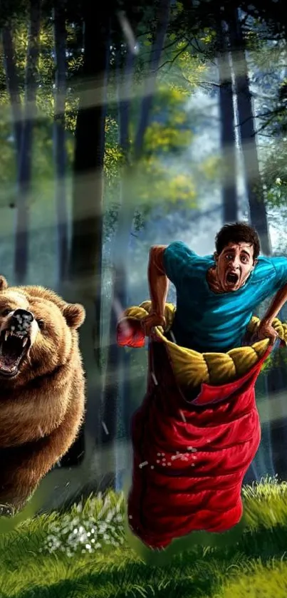 A dynamic scene of a man chased by a bear through a lush forest.