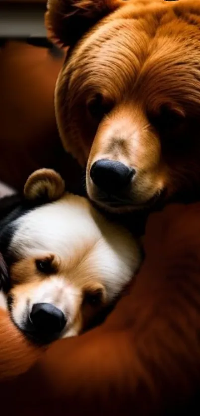 Brown bear and panda sharing a warm embrace in nature-themed wallpaper.