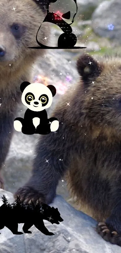 Two bears alongside panda graphics on a rocky landscape.