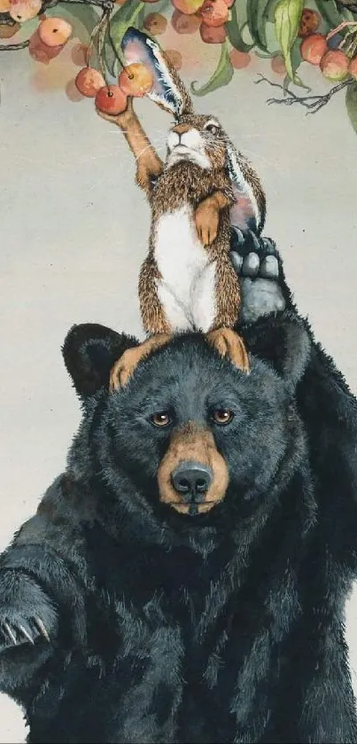 Bear and rabbit duo reaching for apples in a whimsical artwork.