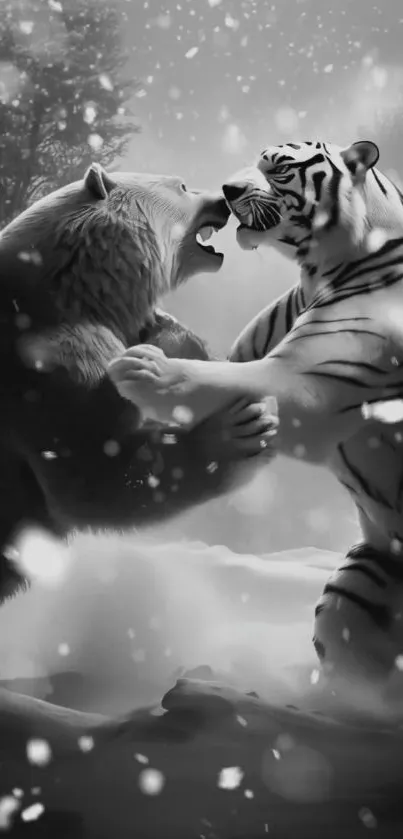 Bear and tiger in a snowy fight scene.