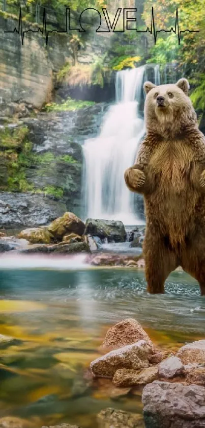 A bear stands in a natural setting with a waterfall and lush forest backdrop.