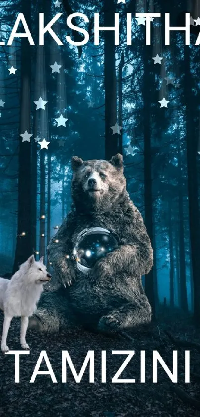 Bear holding a mystical sphere with wolf in a dark forest setting.