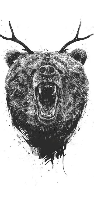 Stylized bear with antlers in black and white illustration for phone wallpaper.