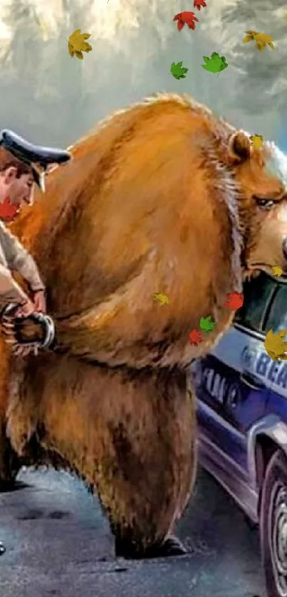 Cartoon bear being arrested by a police officer next to a patrol car.