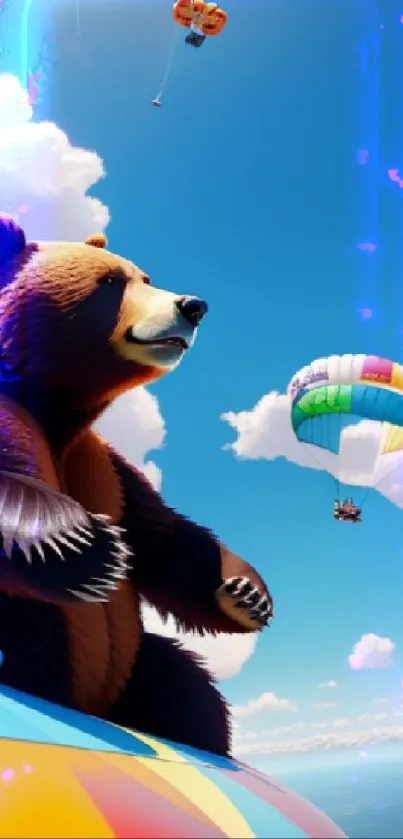 Whimsical bear flying in a colorful hot air balloon against a clear blue sky.