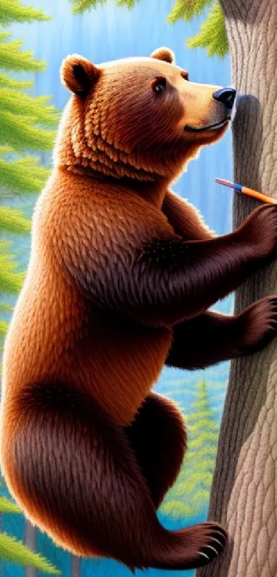 Artistic bear climbing a tree in a colorful forest setting.