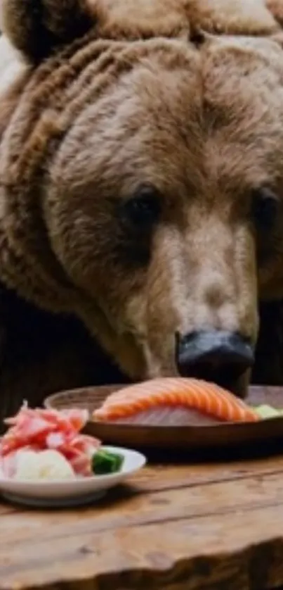 Bear enjoying sushi at a wooden table.