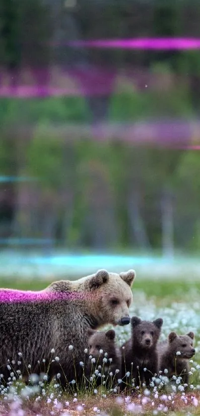 Bear family with cubs in a tranquil forest meadow.