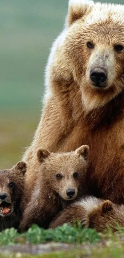 A family of bears in their natural habitat, featuring an adult bear with cubs.