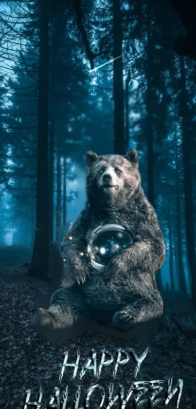 Bear holding orb in mystical Halloween forest scene.