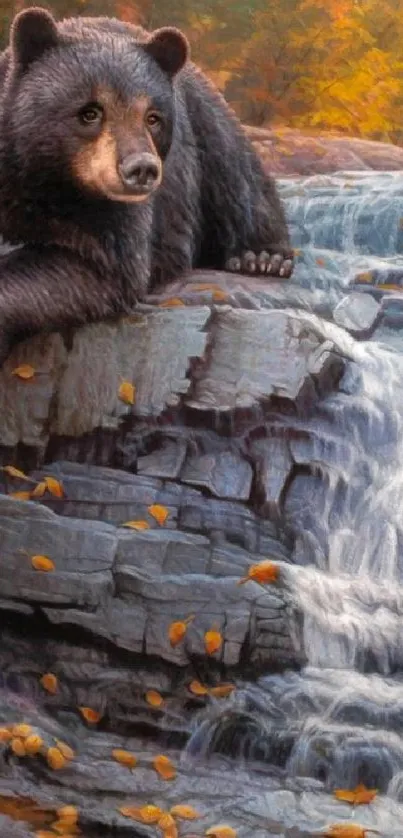 Black bear on rocks in autumn waterfall scene.