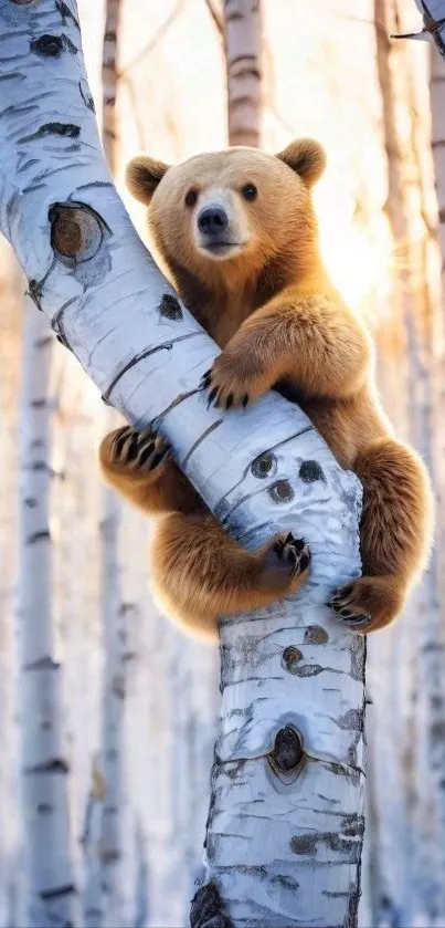 Bear climbing a birch tree in a forest.