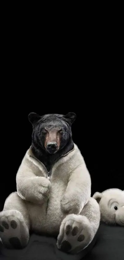 Unique bear in a costume with black background wallpaper.