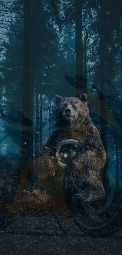 Bear in mystical forest with motorbikes.