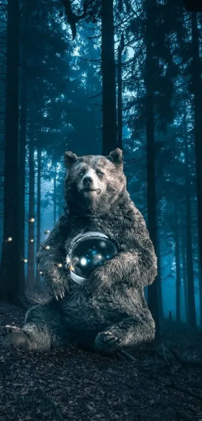 Bear with orb in mystical forest wallpaper.