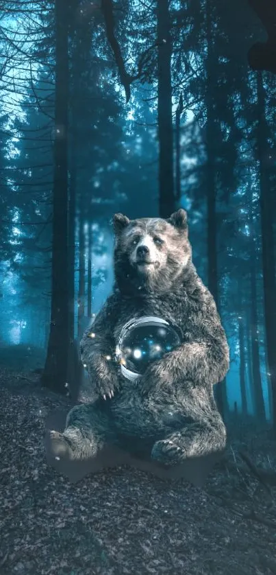 Bear holding a glowing sphere in a dark enchanted forest.