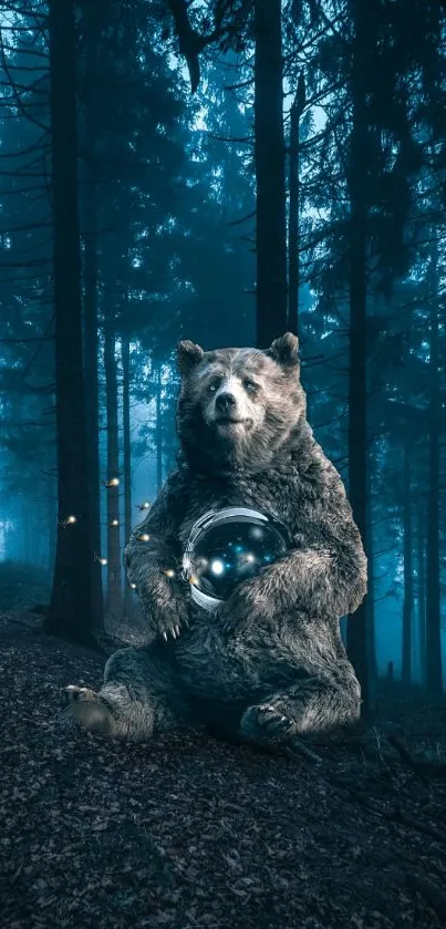 Mystical bear with glowing orb in a dark enchanted forest.