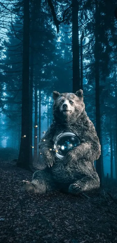 A mystical bear holding a glowing object in a teal-colored enchanted forest.