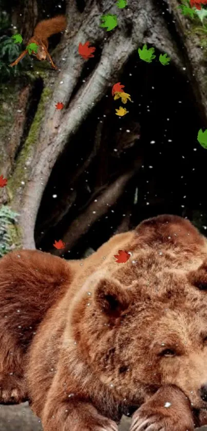 A majestic brown bear lies in an enchanted forest with falling autumn leaves.