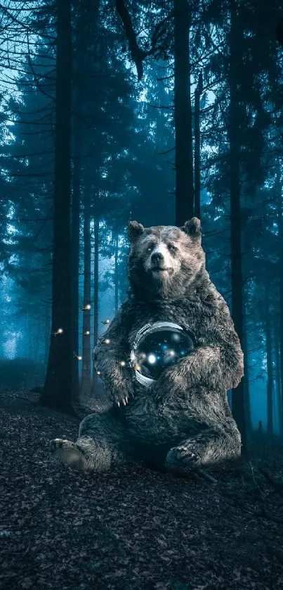 A majestic bear holding a glowing orb in a mystical forest setting in teal hues.