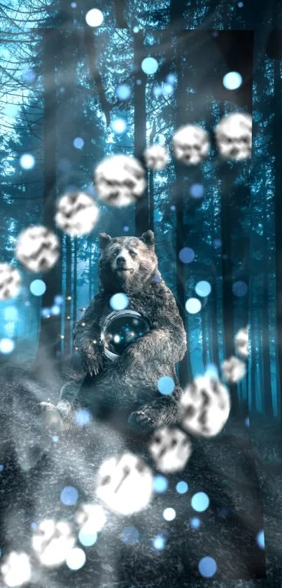 Bear in a mystical blue forest with moonlight and ethereal accents.